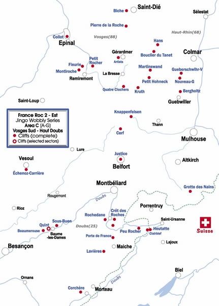 France East Roc 2 Guidebook - Area C - Southern Vosges and Haut Doubs regions near the cities of Belfort, Epinal and Selestat close to the Swiss/German border