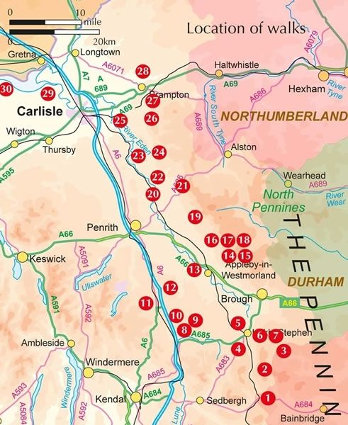 Walking in Cumbria's Eden Valley Guidebook - Map of the walks